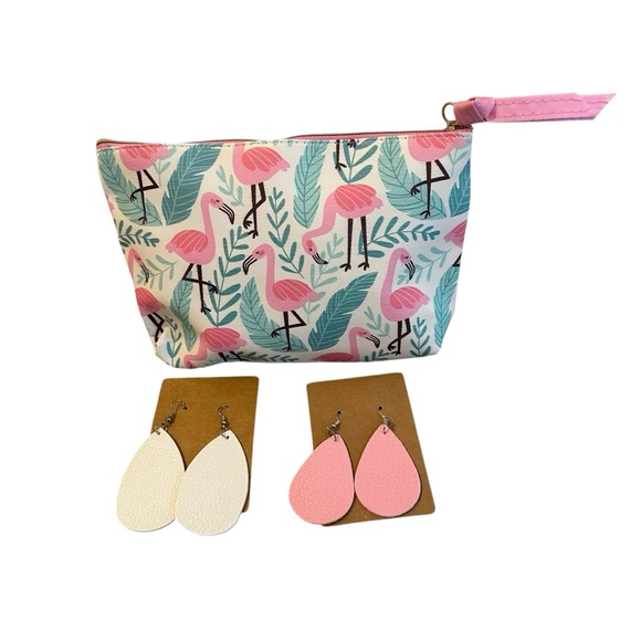 Handbags - Flamingo Print Makeup Bag with Earrings Set
